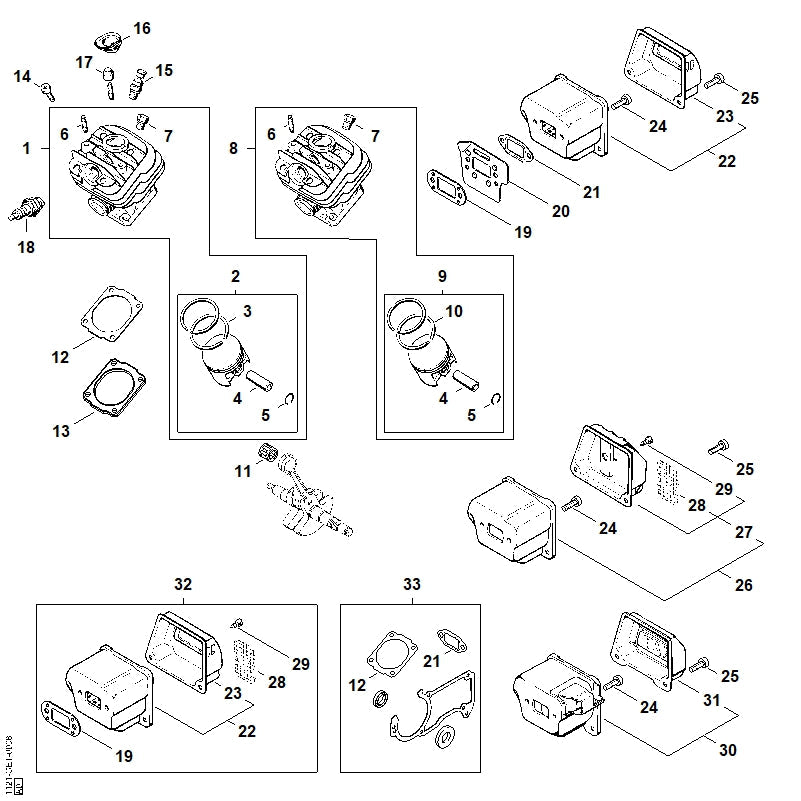 STIHL Cylinder with piston Ø 44.7 mm OEM 11210201217 technical drawing position 1