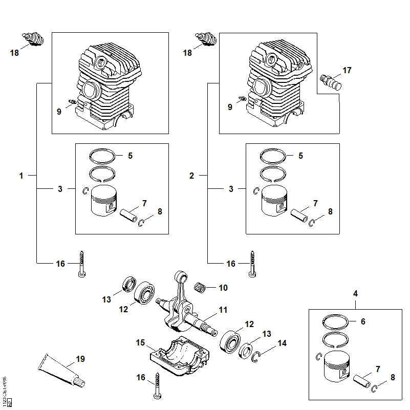 STIHL Cylinder with piston Ø 42.5 mm OEM 11230201207 technical drawing position 2