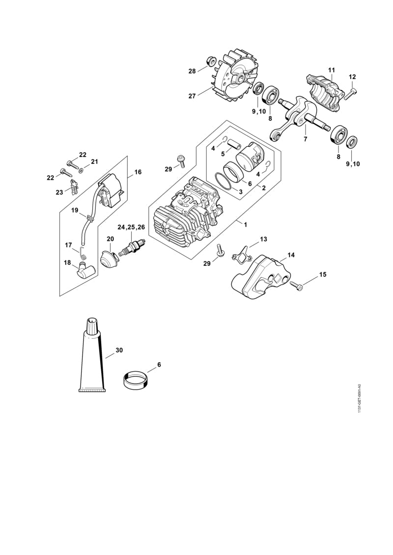 STIHL Cylinder with piston Ø 38 mm OEM 11370201210 technical drawing position 1