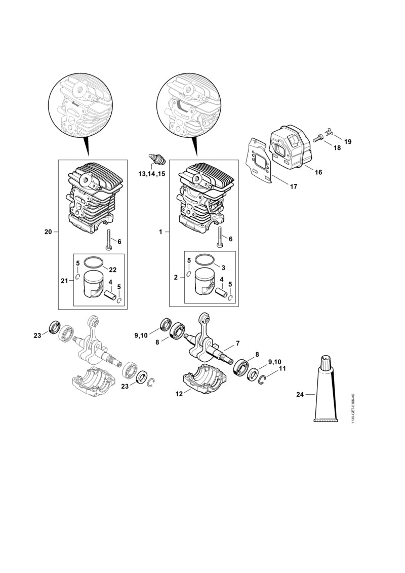 STIHL Cylinder with piston Ø 40 mm OEM 11390201205 technical drawing position 1