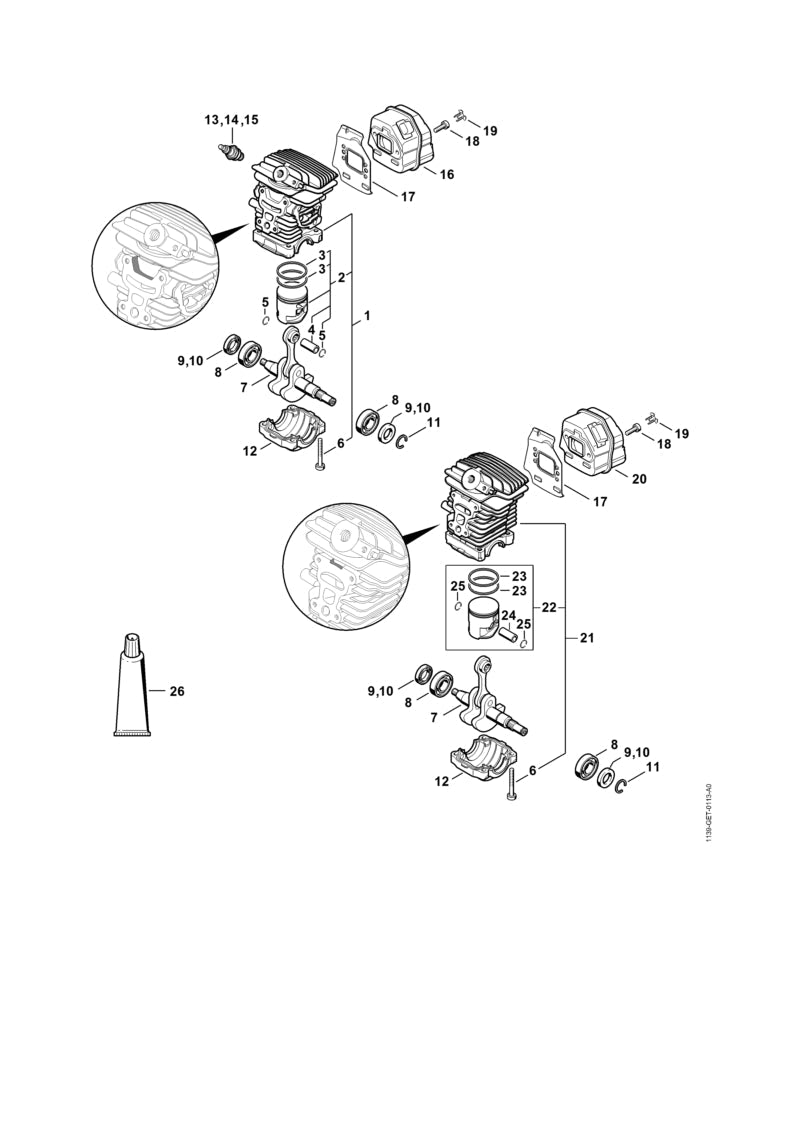 STIHL Cylinder with piston Ø 38 mm OEM 11390201203 technical drawing position 1