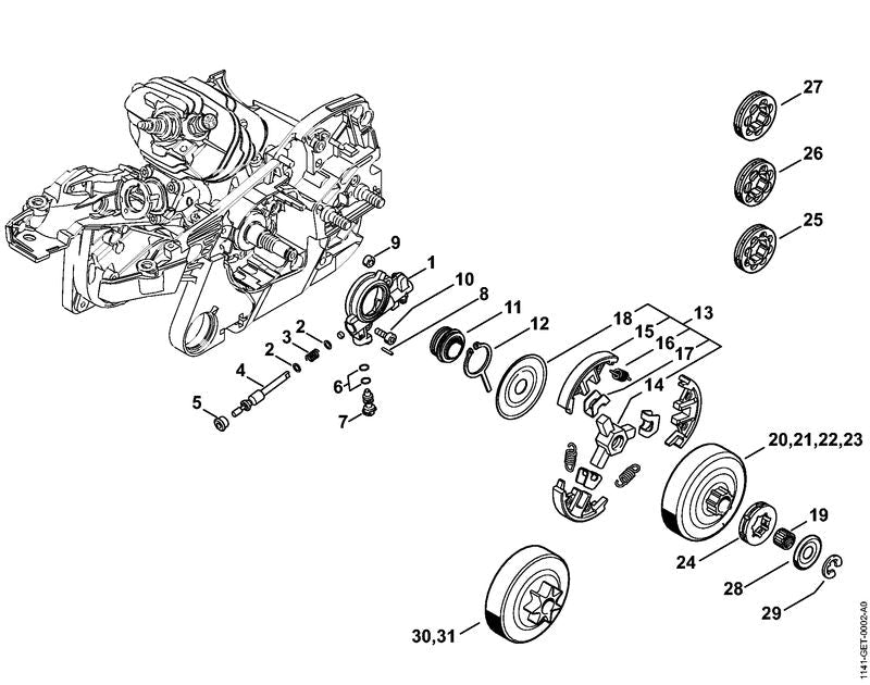 STIHL Rim sprocket kit 3/8" 7T OEM 11410071001 technical drawing position 22