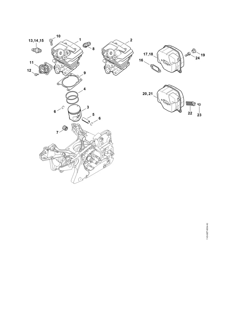 STIHL Cylinder with piston Ø 42.5 mm OEM 11430201200 technical drawing position 1