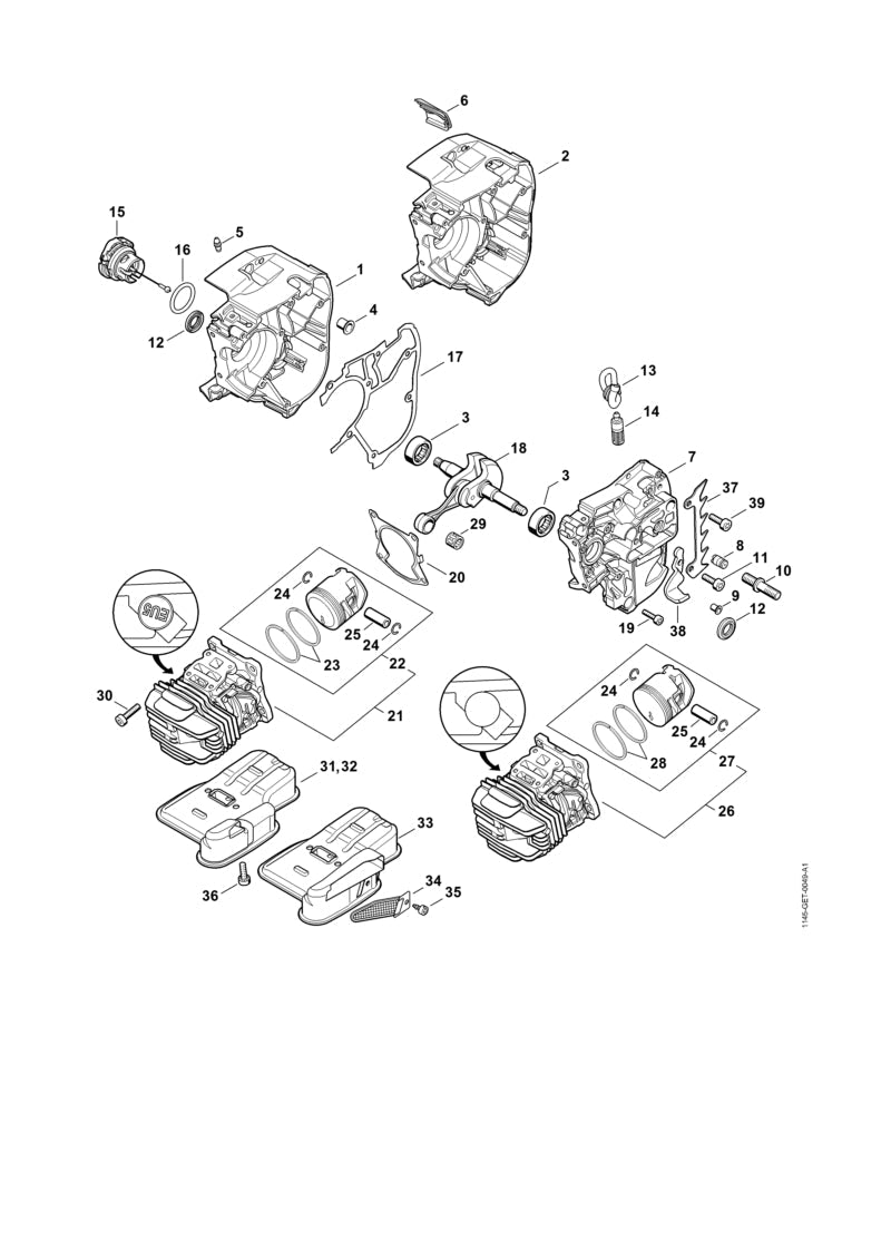 STIHL Cylinder with piston Ø 40 mm OEM 11450201200 technical drawing position 26
