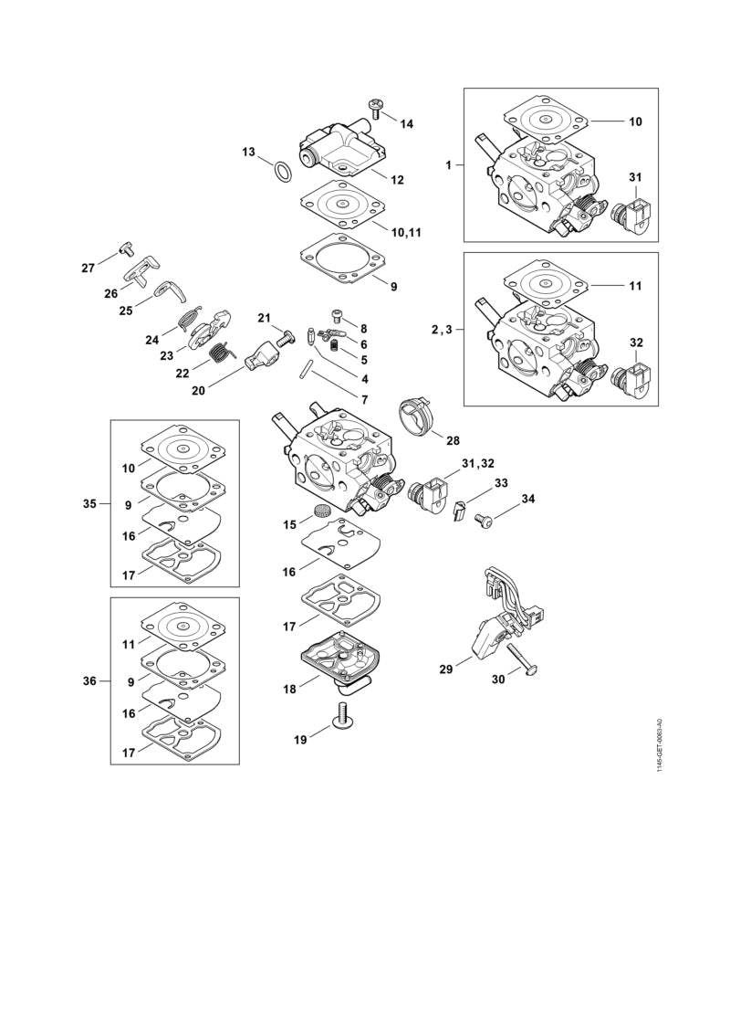 STIHL Set of carburetor parts OEM 11450071700 technical drawing position 36