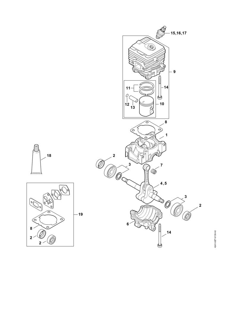 STIHL Cylinder with piston Ø 34 mm OEM 42410201203 technical drawing position 9