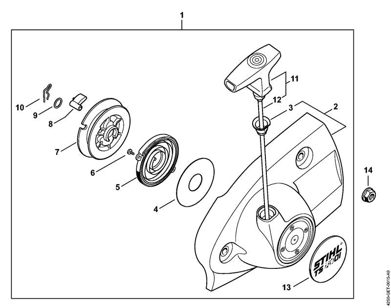 STIHL Starter cover with rewind starter OEM 42501900301 technical drawing position 1